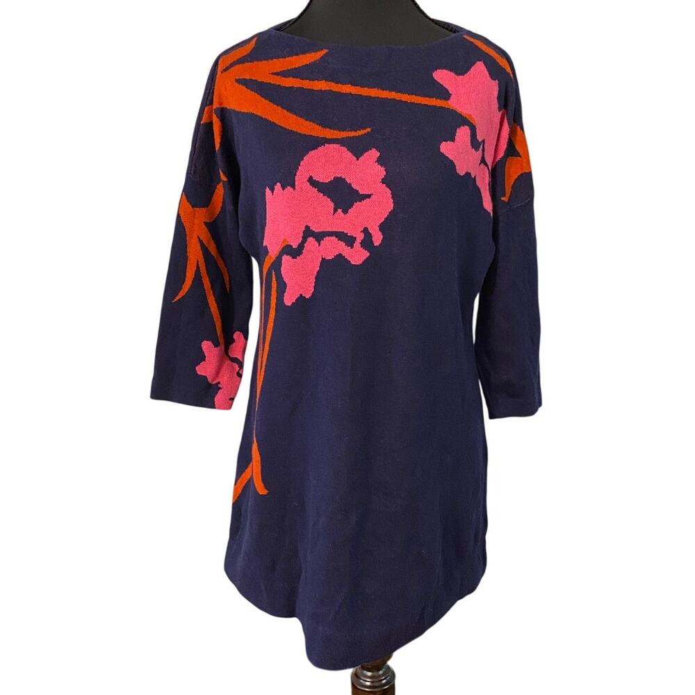 Field Flower Floral Knit Tunic Sweater Cotton Silk Blend‎ Navy Pink Small Artsy
